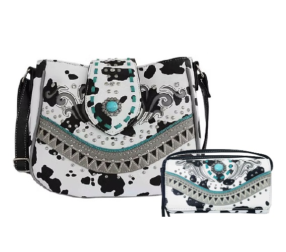 Black Western Concealed Carry Purse With Cow Print Embroidery and wallet